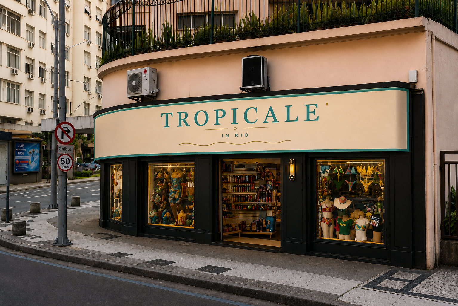 Fachada da loja Tropicale em Copacabana, com letreiro verde-água e vitrines iluminadas
